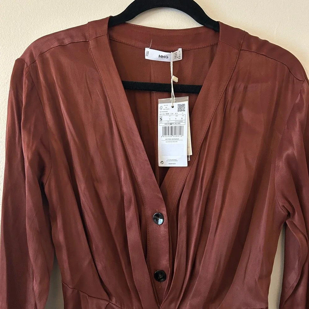 MNG Brown Satin Long Sleeve Button Front Midi Shirt Dress Size S - Picture 5 of 11